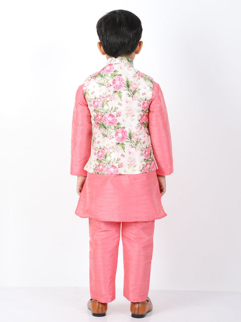 Boy's Floral Printed Nehru Jacket With Silk Blend Solid Kurta Pyjama Set